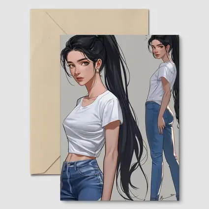 Anime Girl White Tee Jeans Gray Background