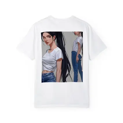 Anime Girl White Tee Jeans Gray Background