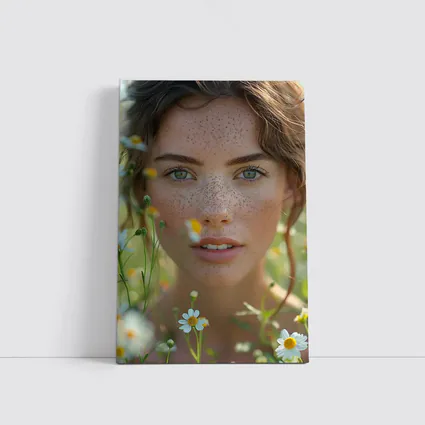 Freckled Woman Portrait Among Daisy Flowers
