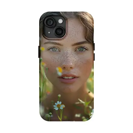 Freckled Woman Portrait Among Daisy Flowers