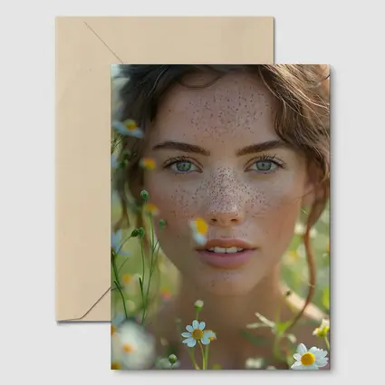 Freckled Woman Portrait Among Daisy Flowers