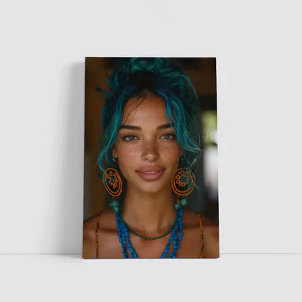 Boho Woman Teal Hair Blue Beaded Necklace