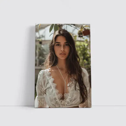 Young Woman White Lace Top Greenhouse Setting