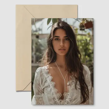 Young Woman White Lace Top Greenhouse Setting