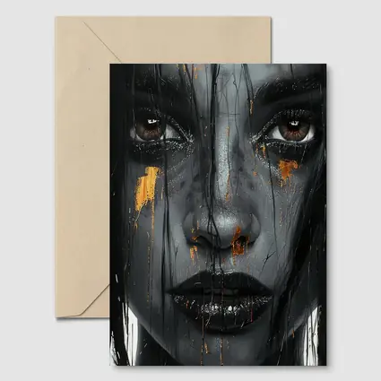 Dark Female Portrait Gold Paint Drips Abstract