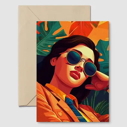 Stylish Woman Sunglasses Tropical Leaves Pop Art