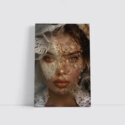 Woman Face Golden Lace Floral Veil Portrait