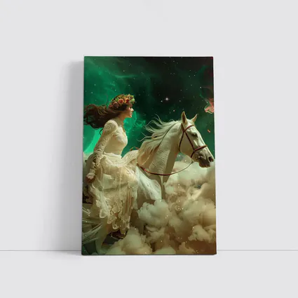 Woman Riding White Horse Starry Sky