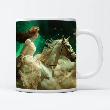Woman Riding White Horse Starry Sky