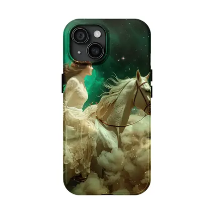 Woman Riding White Horse Starry Sky
