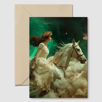 Woman Riding White Horse Starry Sky