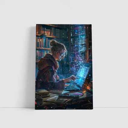Woman Coding Glowing Tech Library Digital Art