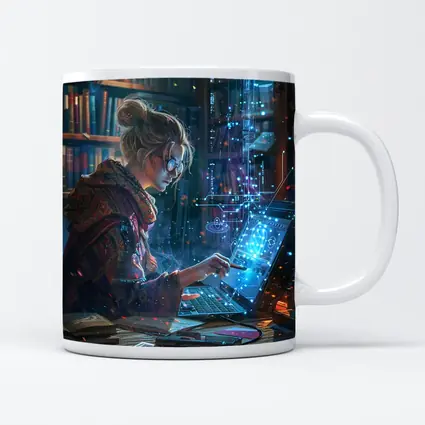 Woman Coding Glowing Tech Library Digital Art