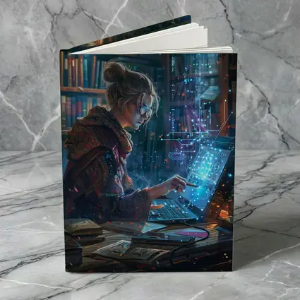 Woman Coding Glowing Tech Library Digital Art