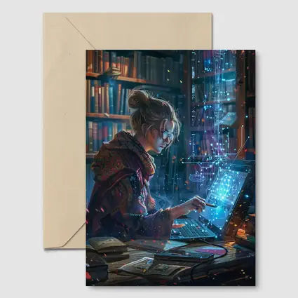 Woman Coding Glowing Tech Library Digital Art