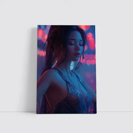 Woman in Glitter Dress Neon Bokeh Lights