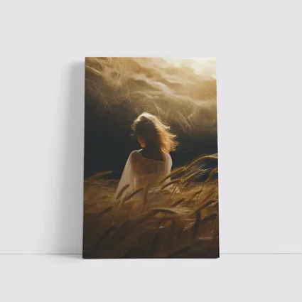 Woman in White Wheat Field Golden Light