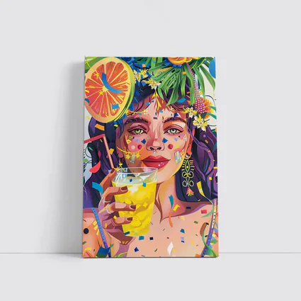 Colorful Woman Drinking Tropical Party Art
