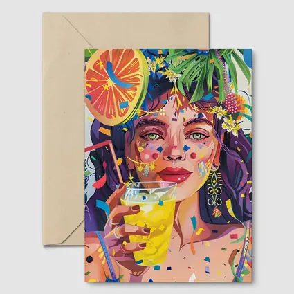 Colorful Woman Drinking Tropical Party Art