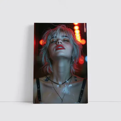 Blonde Woman Red Neon Lights Dark Background
