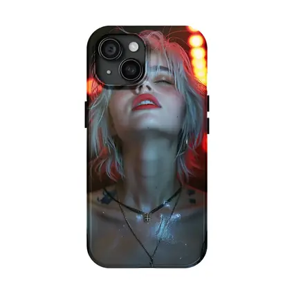 Blonde Woman Red Neon Lights Dark Background