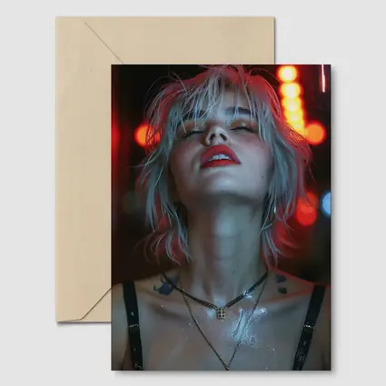 Blonde Woman Red Neon Lights Dark Background
