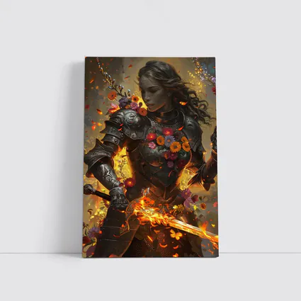 Fantasy Female Warrior Floral Armor Fire Sword