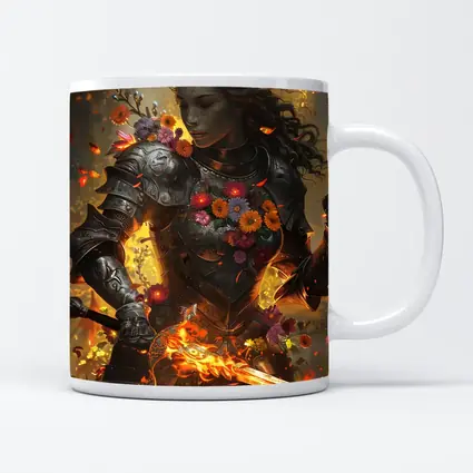 Fantasy Female Warrior Floral Armor Fire Sword