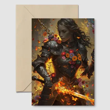Fantasy Female Warrior Floral Armor Fire Sword