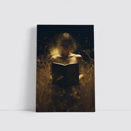 Woman Reading Glowing Book in Dark Field