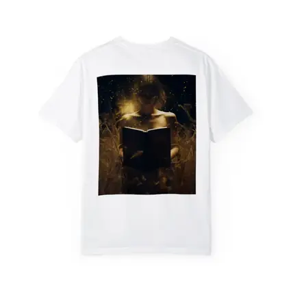Woman Reading Glowing Book in Dark Field