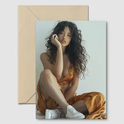 Young Woman Orange Dress White Sneakers