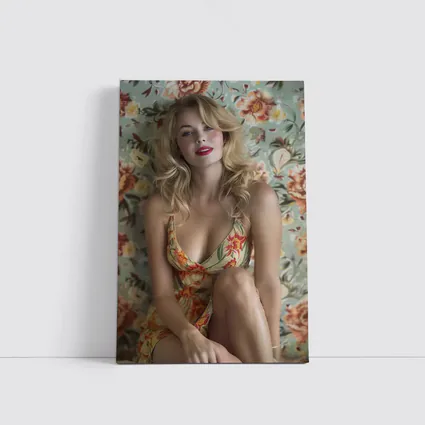 Blonde Woman Floral Dress Vintage Floral Background