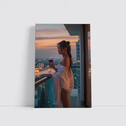 Woman Balcony Wine Glass City Sunset