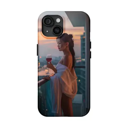 Woman Balcony Wine Glass City Sunset