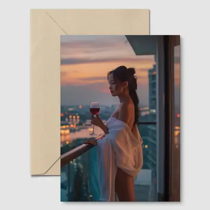 Woman Balcony Wine Glass City Sunset