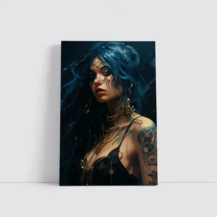 Blue Hair Tattooed Woman Dark Fantasy Art