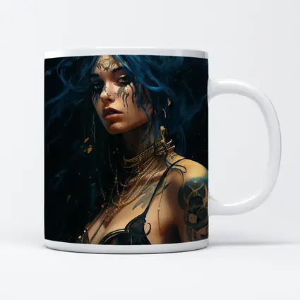 Blue Hair Tattooed Woman Dark Fantasy Art