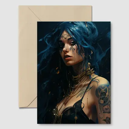 Blue Hair Tattooed Woman Dark Fantasy Art