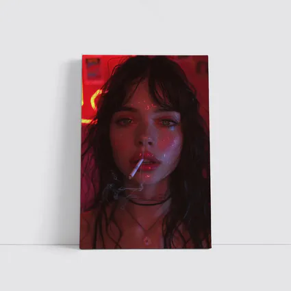 Dark Haired Woman Smoking Neon Red Light