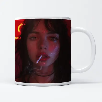Dark Haired Woman Smoking Neon Red Light