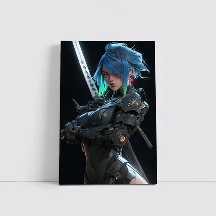 Cyberpunk Female Warrior Blue Hair Dark Background