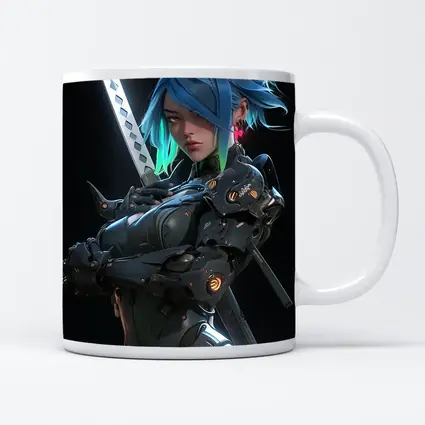 Cyberpunk Female Warrior Blue Hair Dark Background