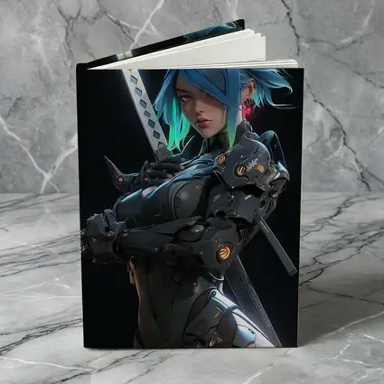 Cyberpunk Female Warrior Blue Hair Dark Background