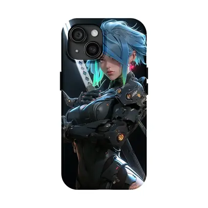 Cyberpunk Female Warrior Blue Hair Dark Background