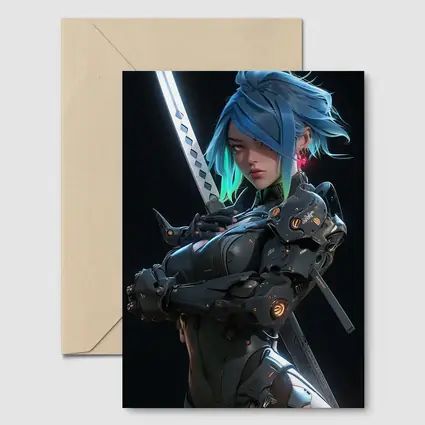 Cyberpunk Female Warrior Blue Hair Dark Background