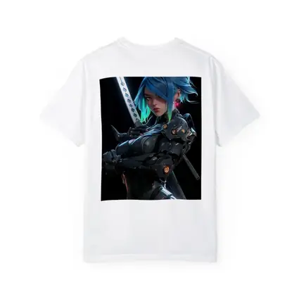 Cyberpunk Female Warrior Blue Hair Dark Background
