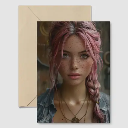 Pink Haired Girl Freckles Boho Portrait