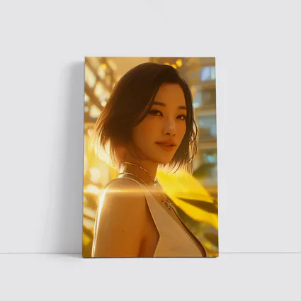 Asian Woman Portrait Golden Sunlight Urban Background