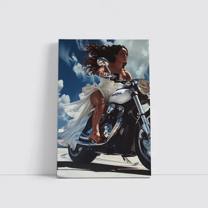 Woman Riding Cruiser Motorcycle Blue Sky